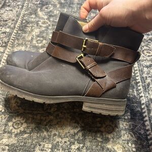 Brown and Gray Ankle Boots with Buckle Straps